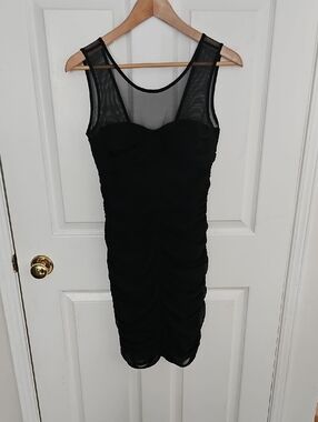 Club Monaco Black Mesh-Top Ruched Silk Dress